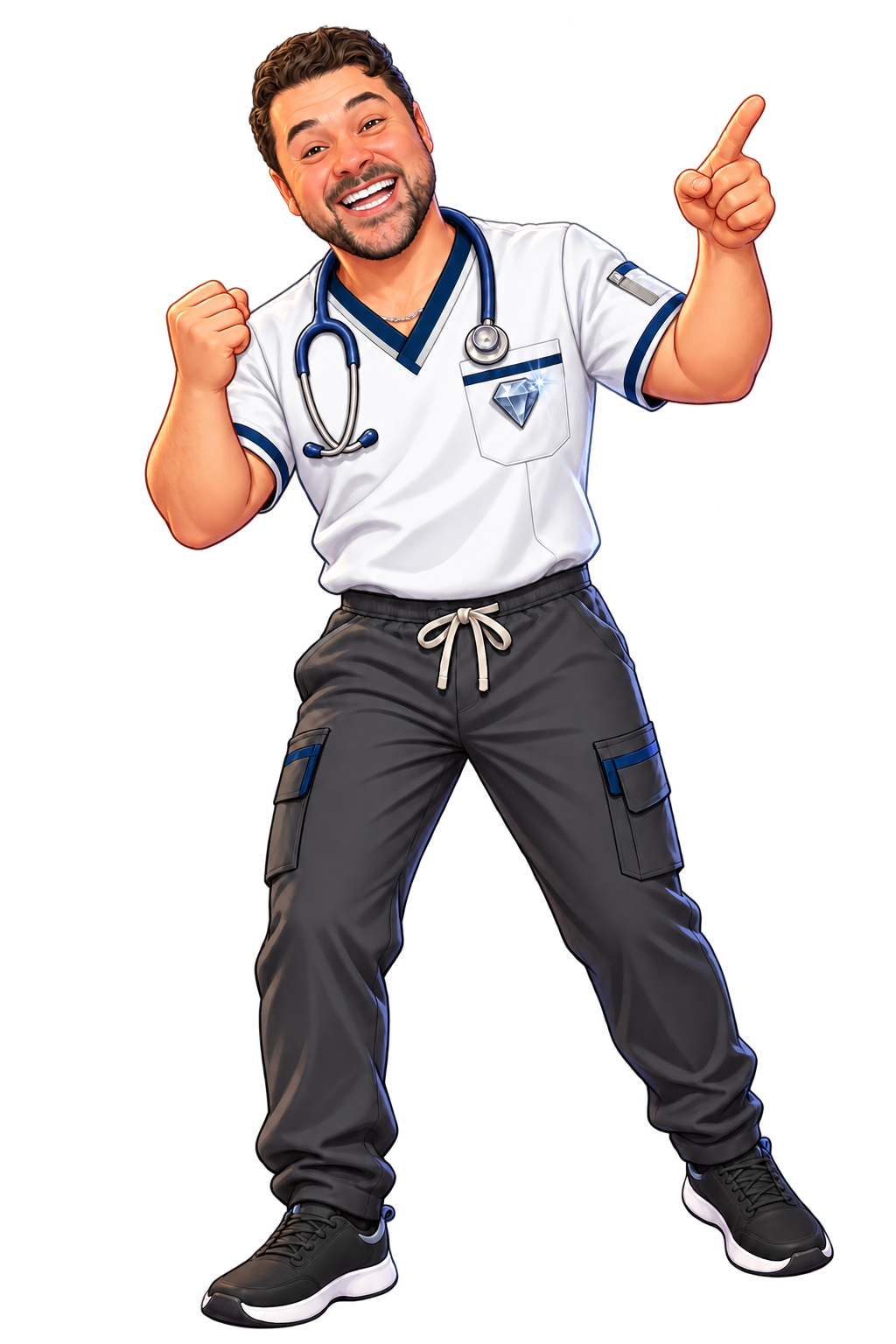 Illustration of Nurse Adam in white and blue scrubs